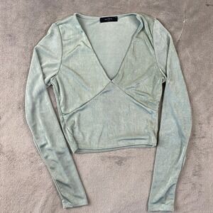 21 Saints Crop Top Women S Sage Green Metallic Shimmer V-Neck Long Sleeve Wrap